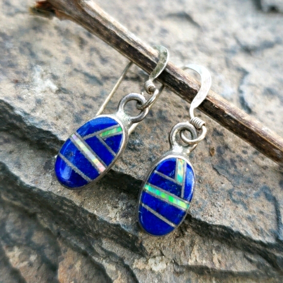 Vtg Genuine Lapis Opal Mosaic Silver Drop Earrings - Picture 4 of 16